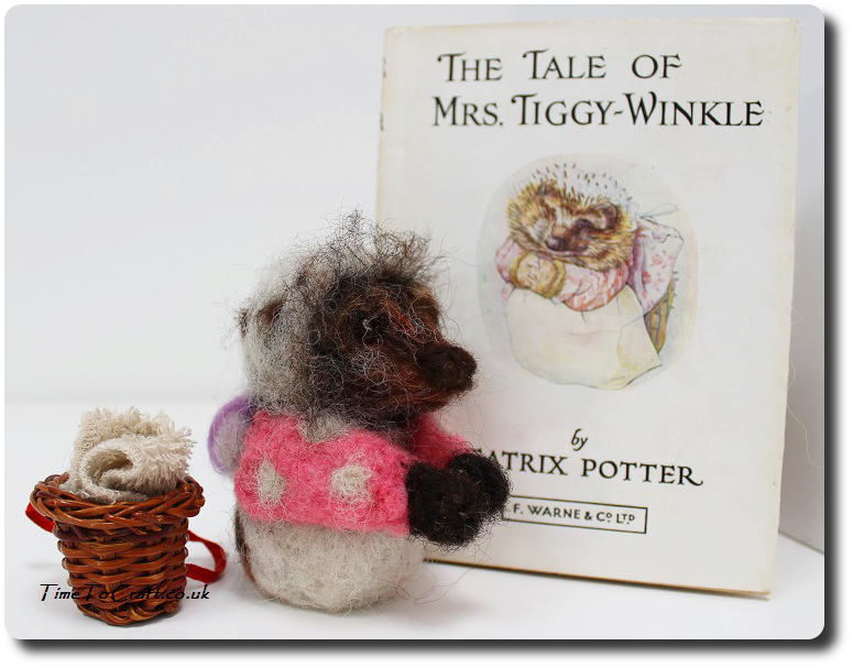 Needlefelted Mrs Tiggy Winkle and book