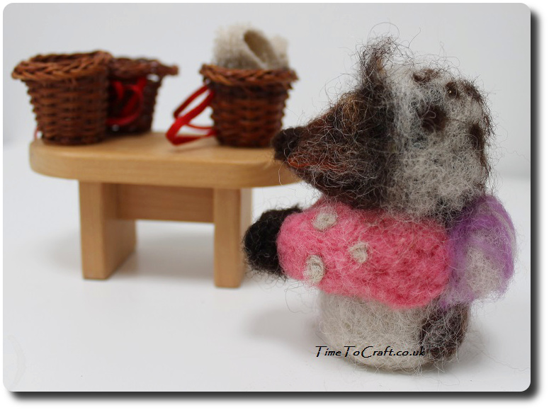 Needlefelted Mrs Tiggy Winkle at the table
